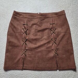Diashiny Brown Faux Suede Lace Up Mini Skirt Womens XL Boho Western Grommet Slit